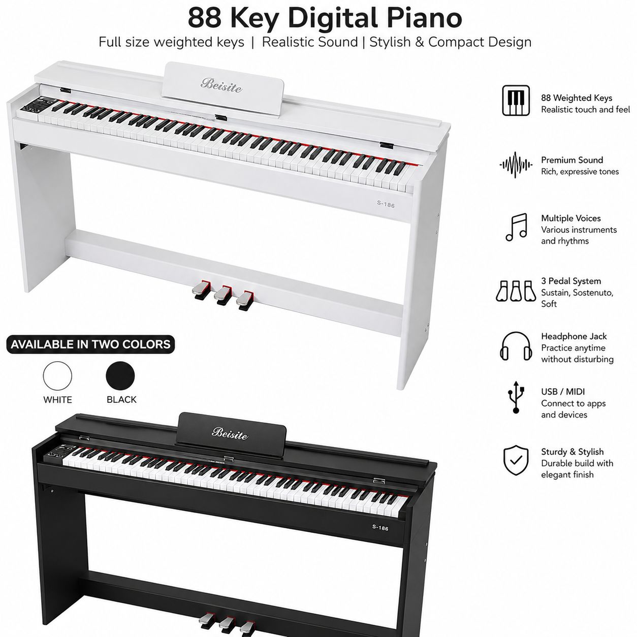 Elegant 88-key electric piano with stand and pedals available in black or white