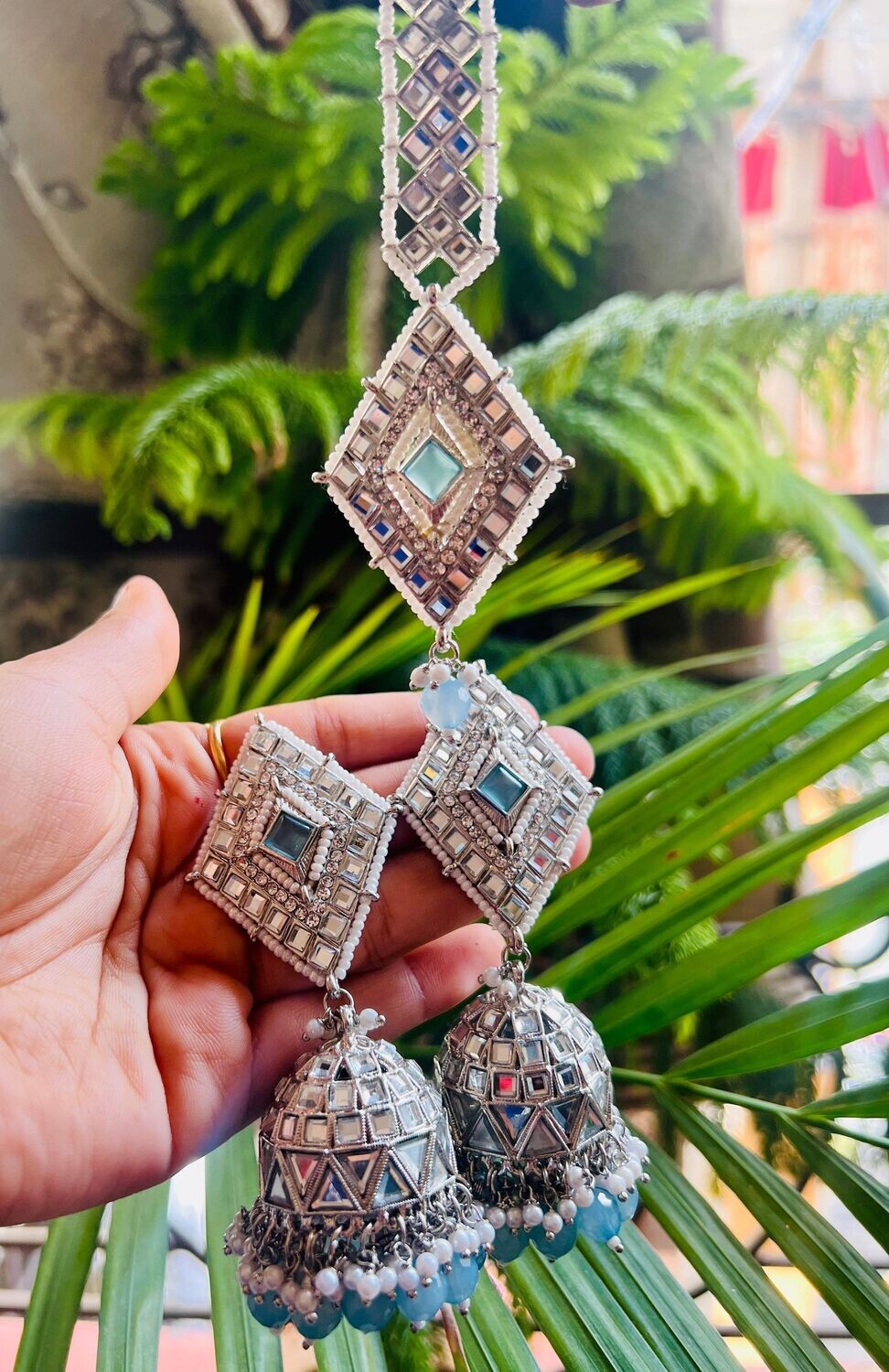 NIRU BABY BLUE KUNDAN JHUMKA WITH TIKA