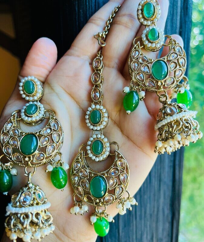 BEENA GREEN POLKI JHUMKA WITH TIKA