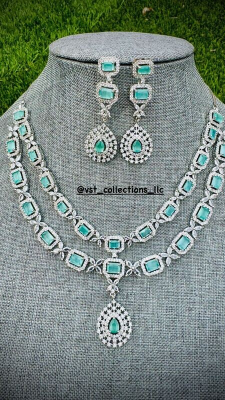 Mint Green Double line AD Necklace With Earrings Mint Green Double line AD Necklace With Earrings
