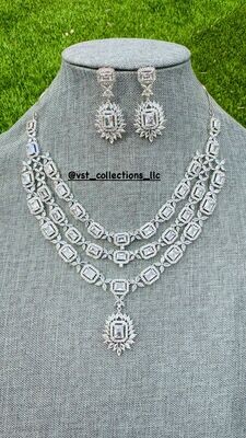 White Triple line AD Necklace with Earrings
