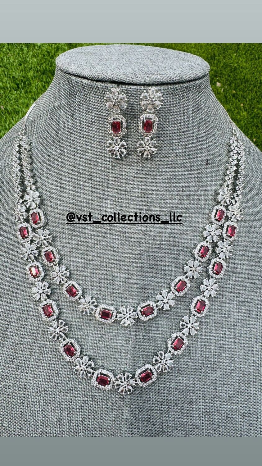 Red Double Line AD Necklace with Earrings