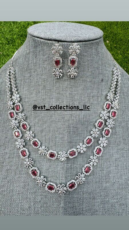 Red Double Line AD Necklace with Earrings Red Double Line AD Necklace with Earrings