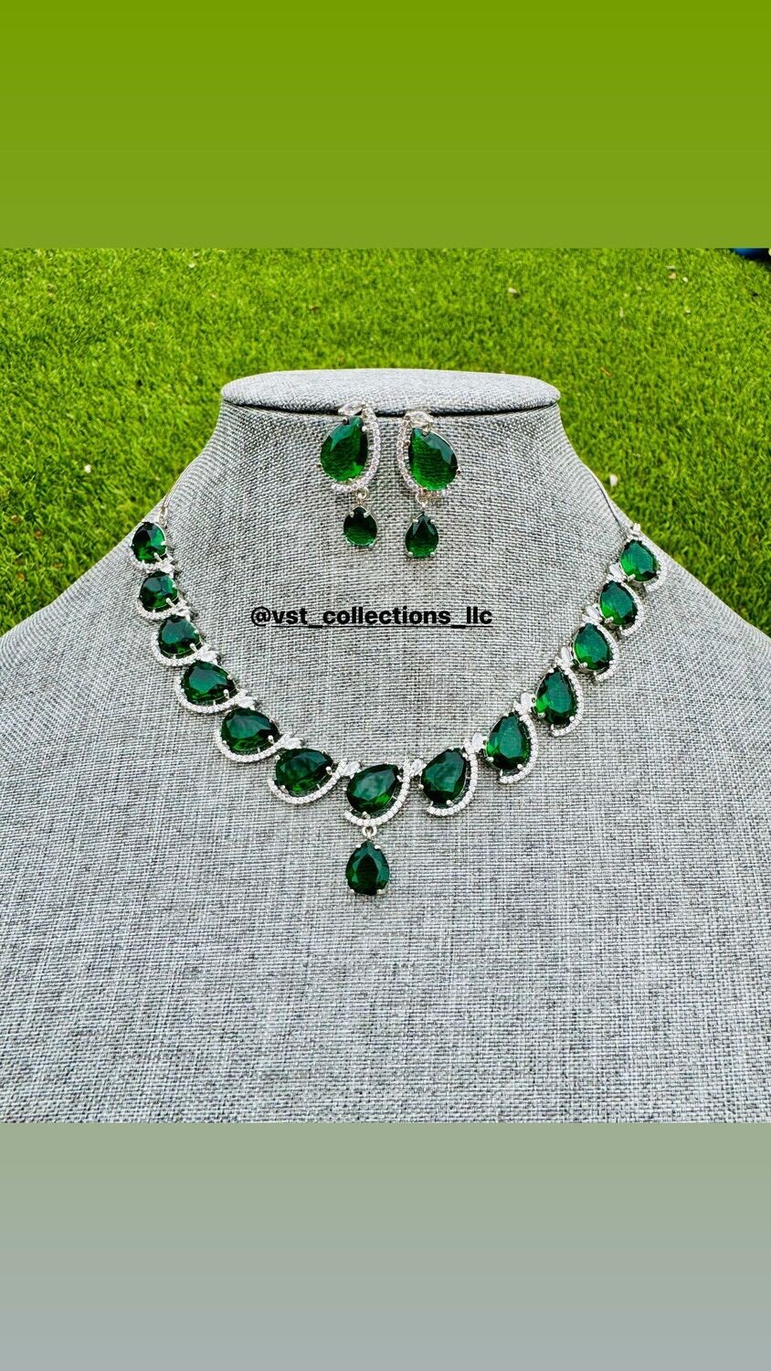 Emerald Green Doublet Stone AD Necklace With Earrings
