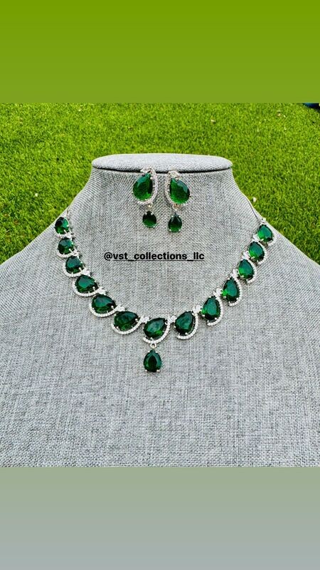 Emerald Green Doublet Stone AD Necklace With Earrings