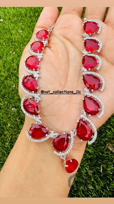 Red Doublet Stone AD Necklace With Earrings Red Doublet Stone AD Necklace With Earrings