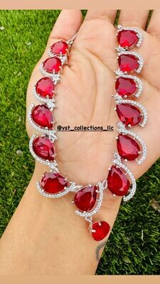 Red Doublet Stone AD Necklace With Earrings