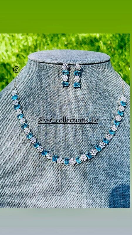 Sky Blue Sleek AD Necklace With Earring