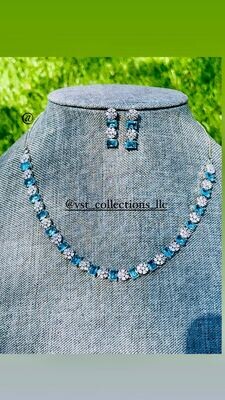 Sky Blue Sleek AD Necklace With Earring