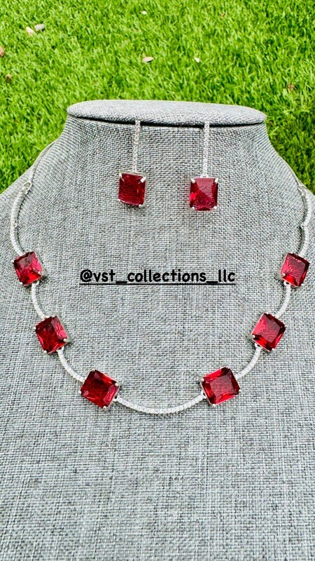 Red AD Sleek Necklace With Earring