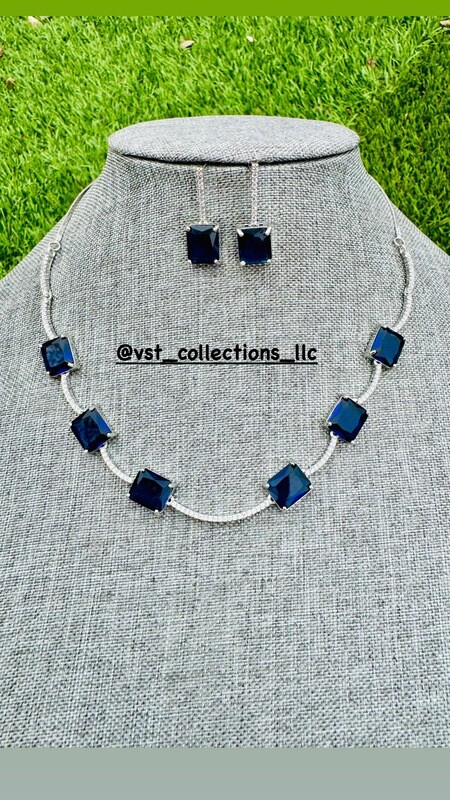Blue AD Sleek Necklace With Earring