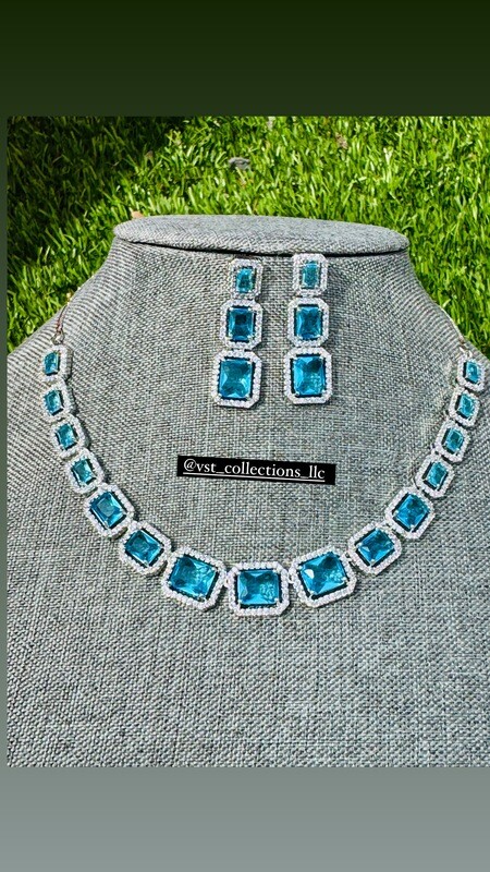 Sky Blue Doublet Stone Necklace With Earring