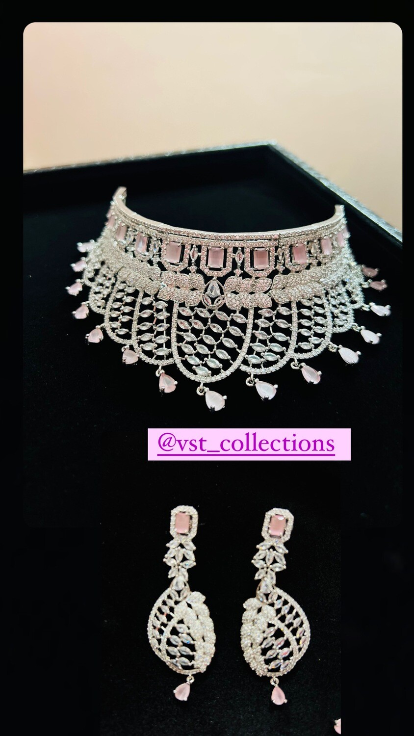 Baby Pink AD Choker Necklace With Earring
