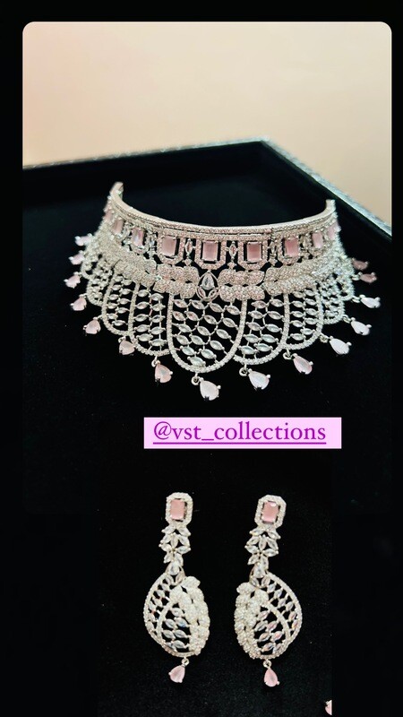 Baby Pink AD Choker Necklace With Earring Baby Pink AD Choker Necklace With Earring
