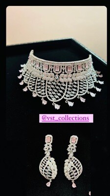 Baby Pink AD Choker Necklace With Earring