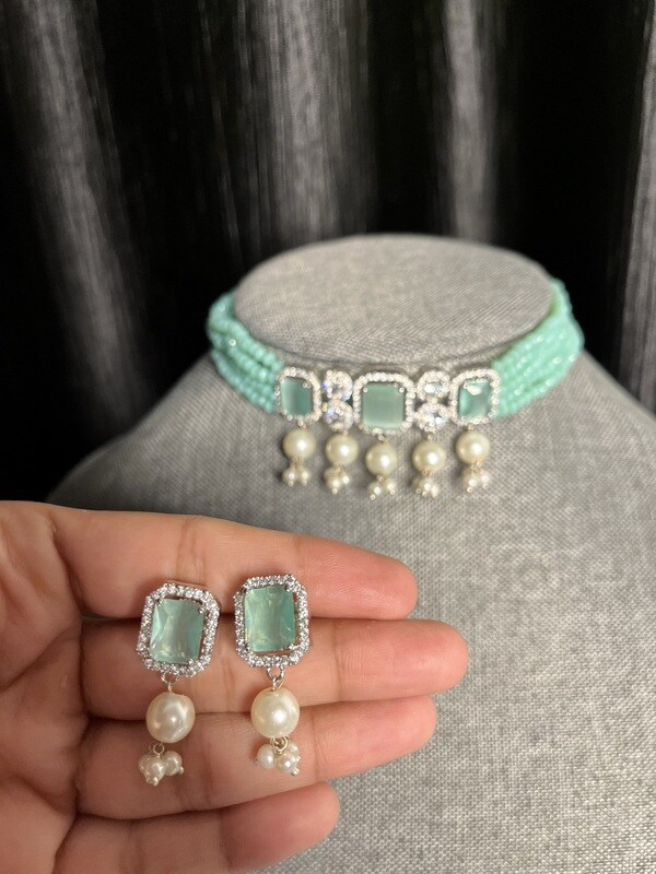 Mint Green AD Sleek Necklace With Earring