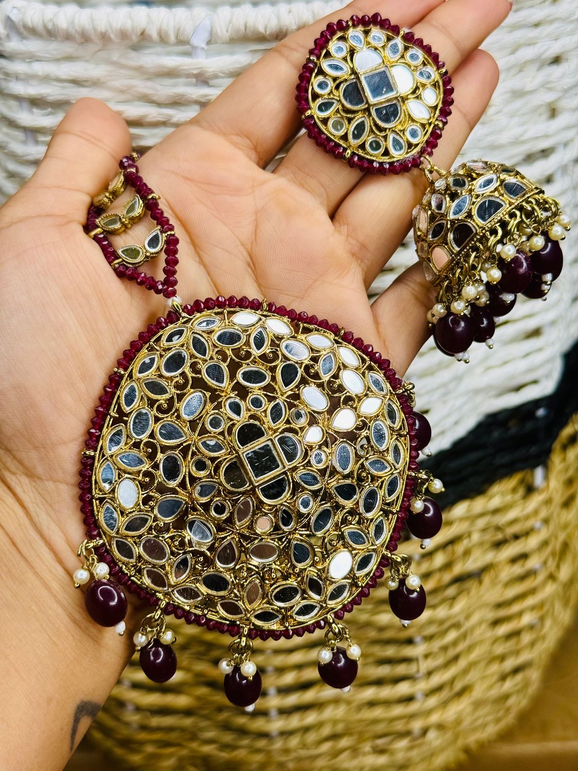 Maroon And Gold Mirror Earring With Oversized Tika