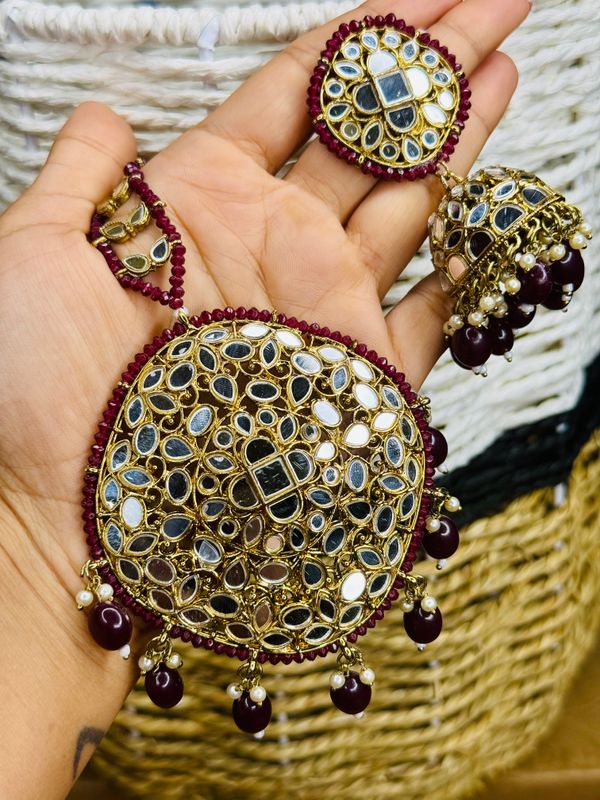 Maroon And Gold Mirror Earring With Oversized Tika