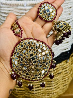 Maroon And Gold Mirror Earring With Oversized Tika