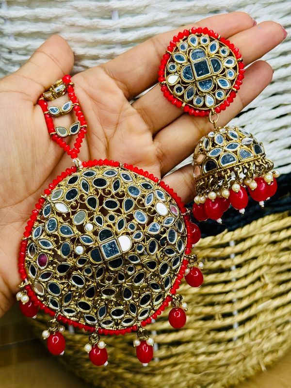 Orange And Gold Mirror Earring With Oversized Tika