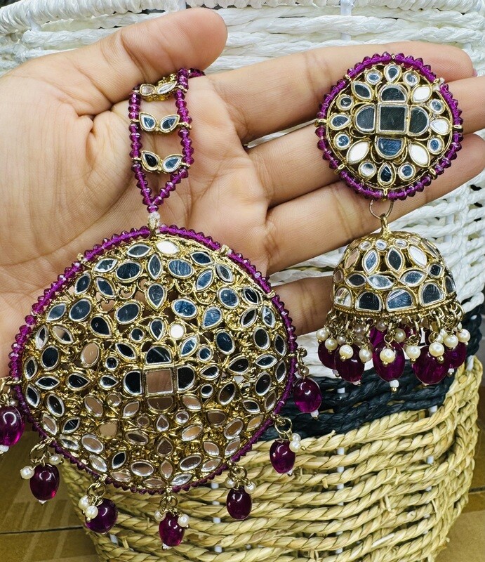 Magenta And Gold Mirror Earring With Oversized Tika