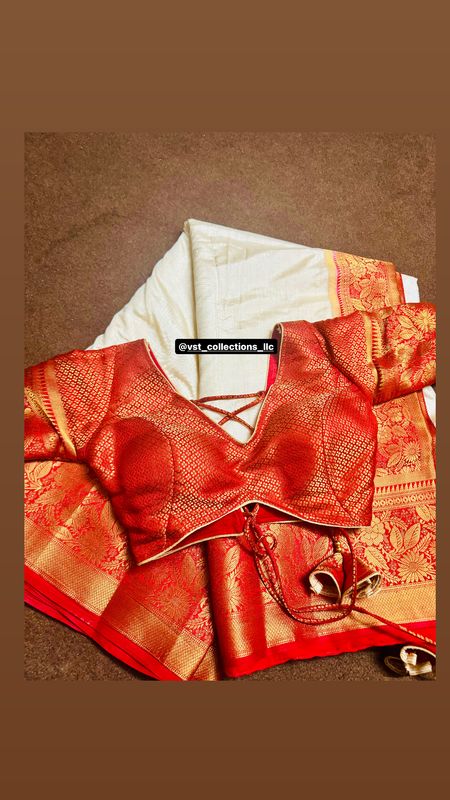 Off White With Red Silk Saree With Padded Blouse