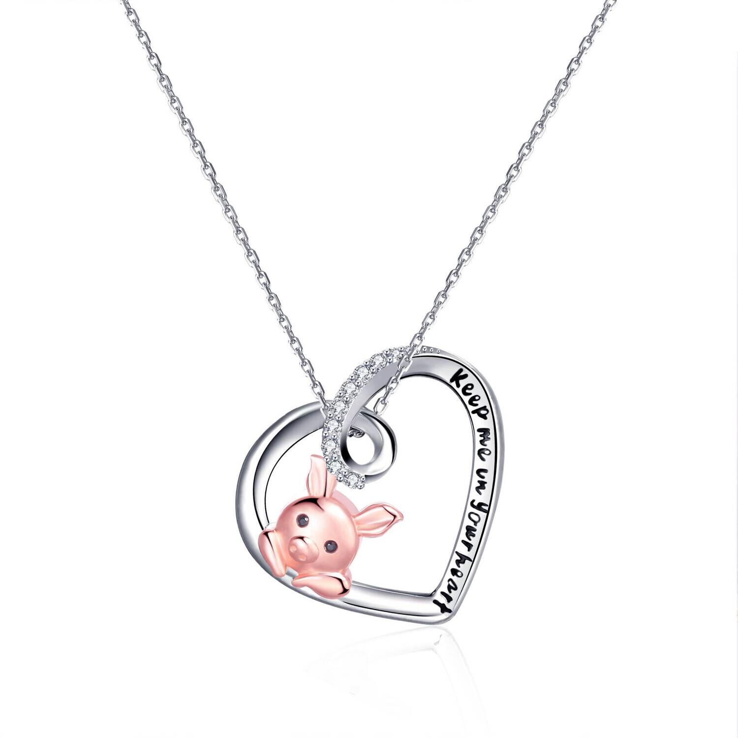 Keep Me In Your Heart Pig in a Heart Necklace-Moissanite + Special Plating