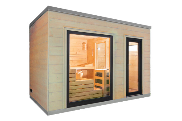 Saunabloox® natural | reflection – Gartensauna 375 × 245 cm naturbelassen im Bausatz