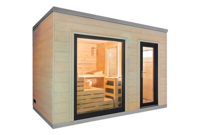 Saunabloox® natural | reflection – Gartensauna 375 × 245 cm naturbelassen im Bausatz