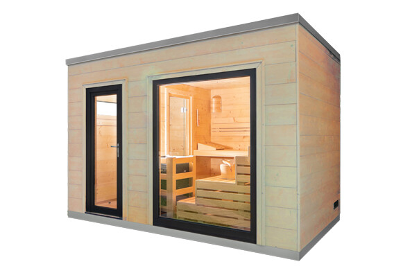Saunabloox® natural – Außensauna aus Vollholz 375 × 245 cm ohne Anstrich