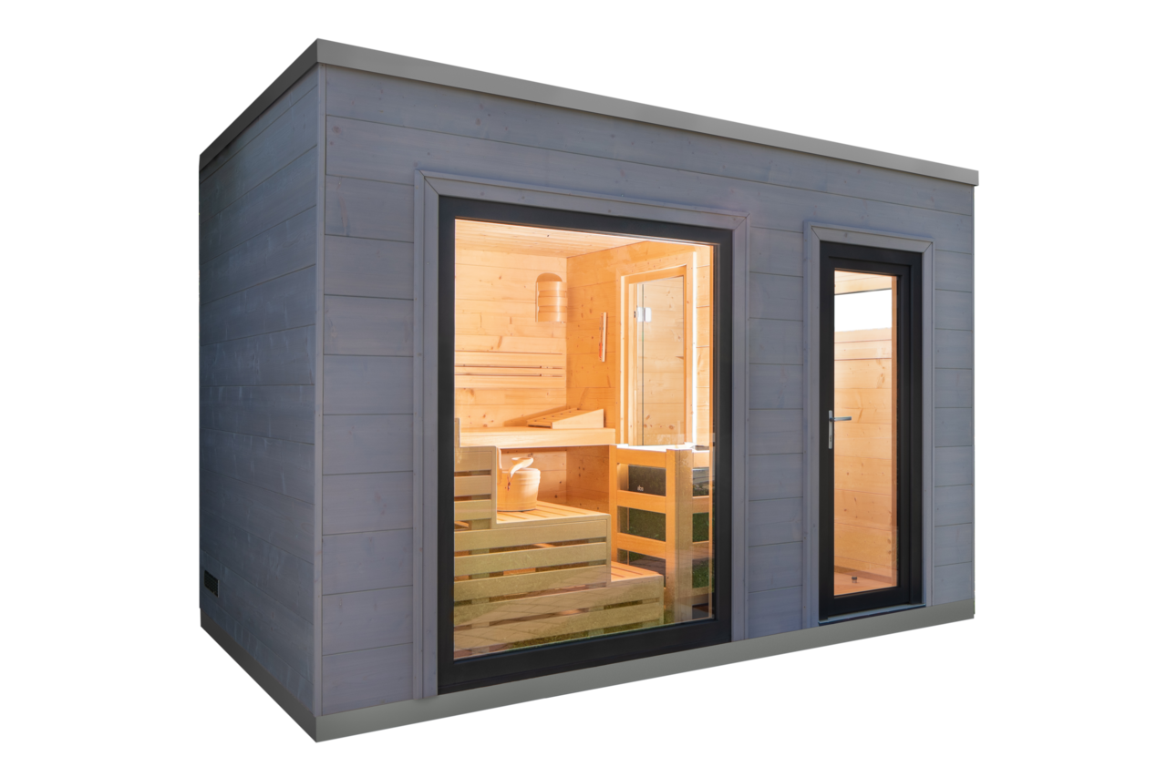 Saunabloox® Coba | Reflection – Design-Außensauna mit EOS-Technik &amp; Coba-Grau-Anstrich