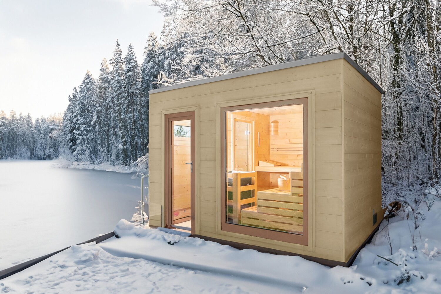 Saunabloox® mit lasierter Holzfassade in Bondi-Grau, bodentiefen Fenstern und harmonischer Fassadengliederung – ein eleganter Rückzugsort für Wellness im eigenen Garten.