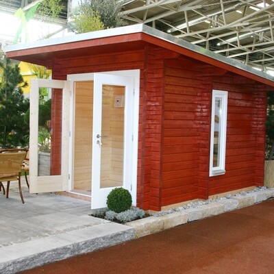 Saunahaus „Helsinki“ mit Vorraum – Gartensauna als Messehaus / Vorlaufhaus