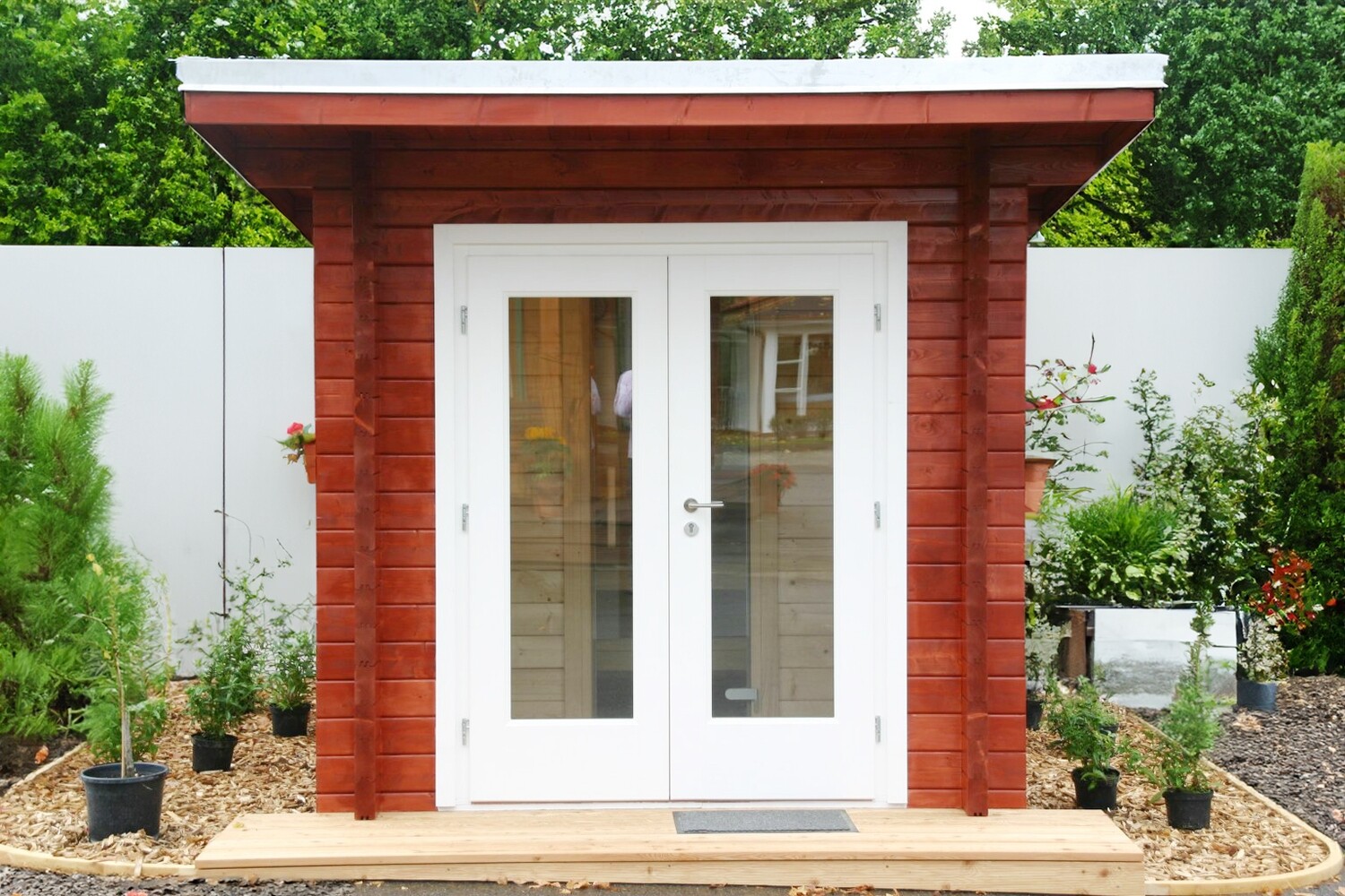 Saunahaus „Helsinki“ mit Vorraum – Gartensauna als Messehaus / Vorlaufhaus