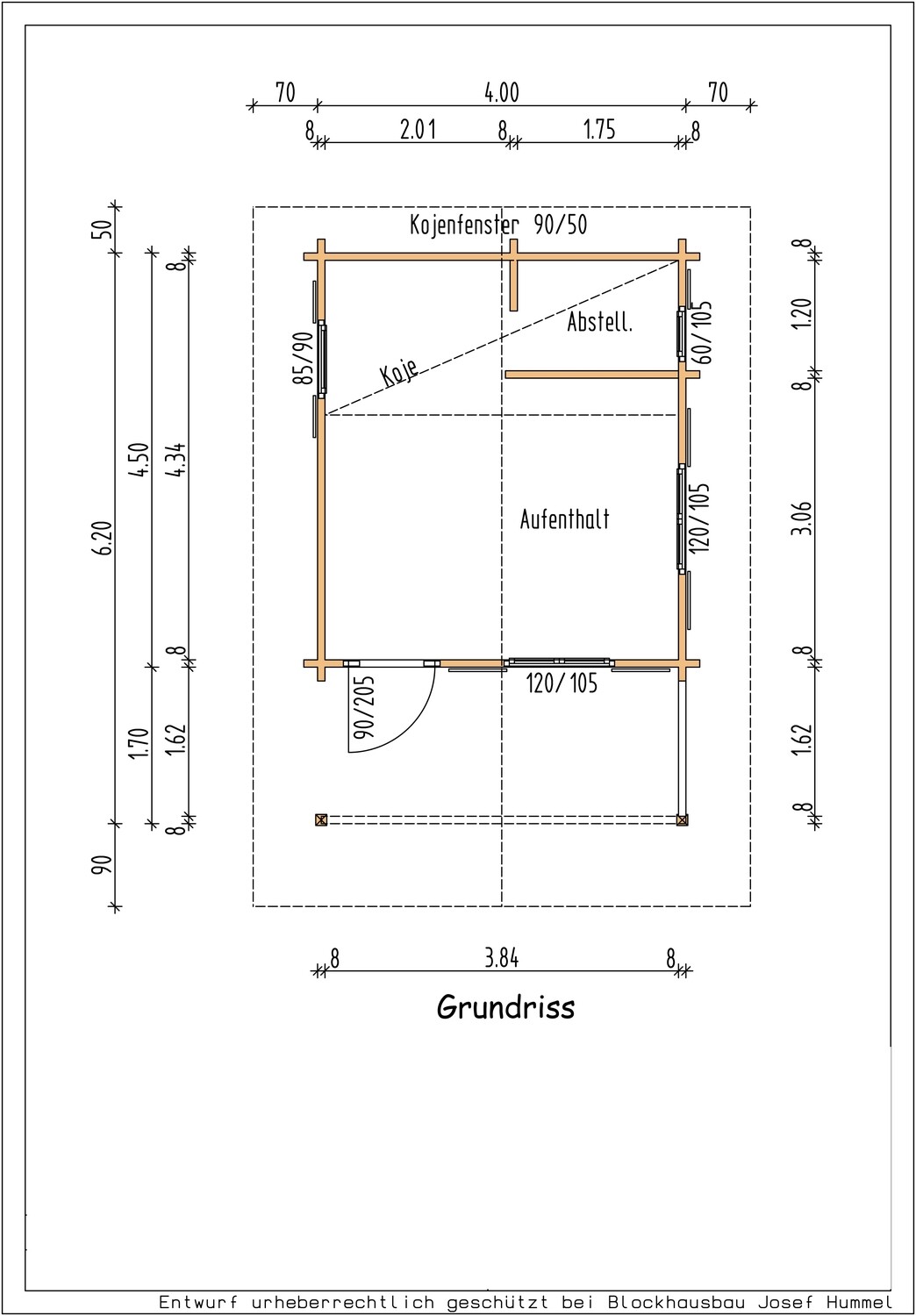 Ferienhaus „Unterföhring“ – Musterhaus 400 × 450 cm mit Ziegeldach &amp; Koje