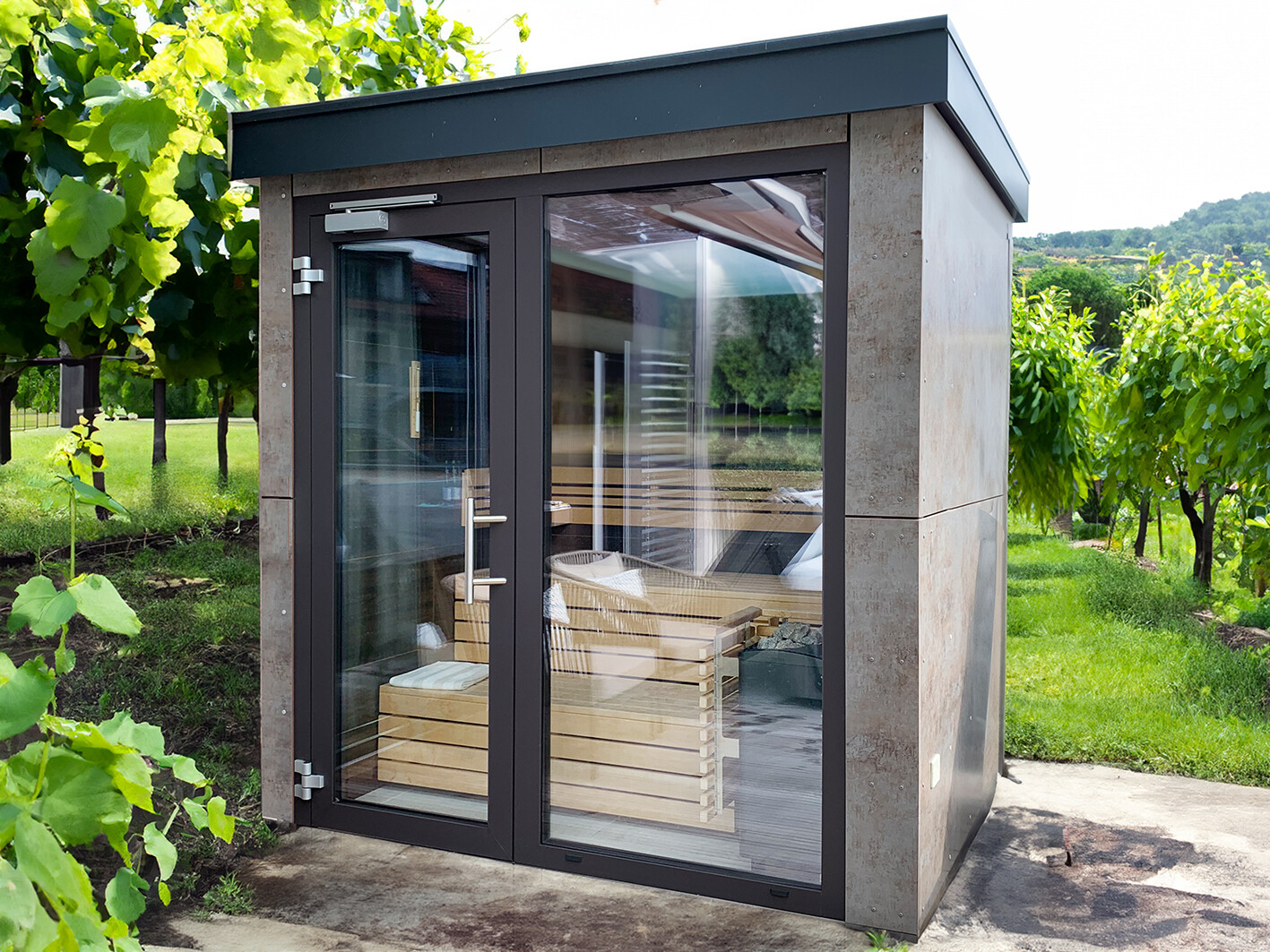 THE EDGE – Design-Saunahaus mit HPL-Fassade &amp; EOS-Technik (Pick &amp; Carry vormontiert)