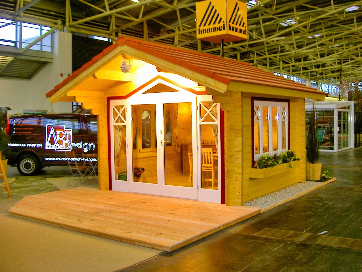 Messehaus „Teichblick“ – Gartenhaus 330 × 330 cm mit Ziegeldach &amp; Fensterfront