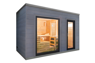 Saunabloox® Coba | Reflection – Design-Außensauna grau mit Harvia / HUUM Technik