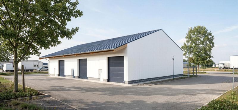 Moderne Produktionshalle und Gewerbehalle mit Sektionaltoren und Sandwichpaneelen als individueller Objektbau für Industrie u