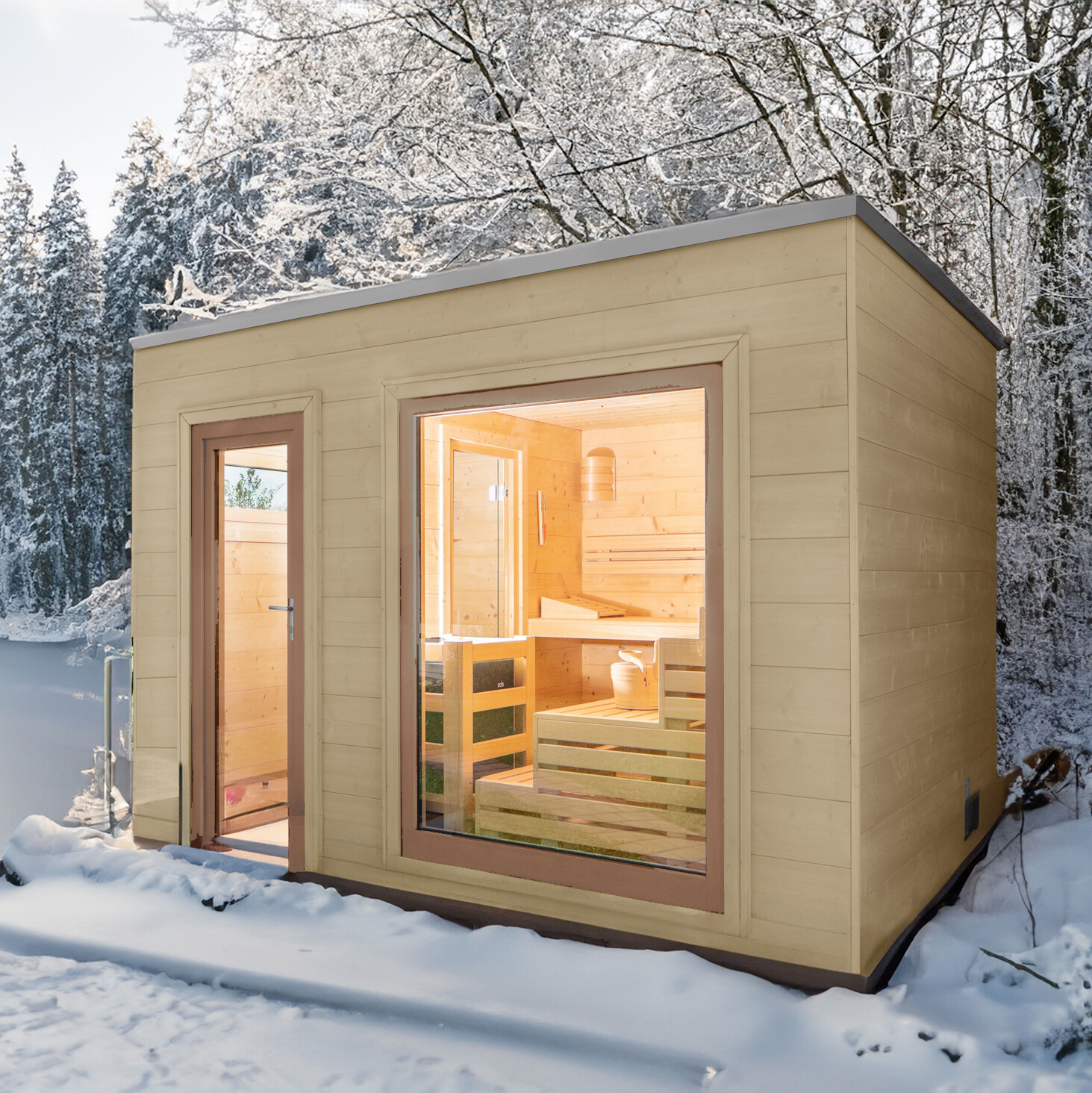 Saunabloox® – Außensauna 375 × 245 cm, vormontiert, Pick & Carry, Farbton Bondi Modernes Saunahaus mit flachem Dach und grauer Bondi-Lasur, klarer Kubusform und Holz-Aluminium-Fenstern in Hellbronze – ein stilvoller Rückzugsort für den Garten.