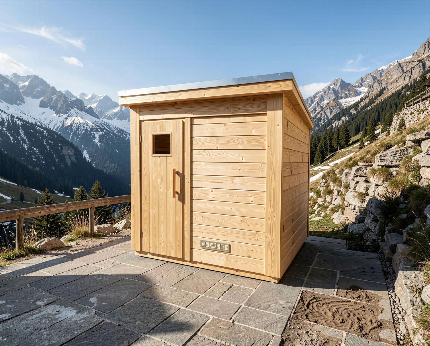 Kompakte Einraum-Gartensauna aus massivem Holz mit geschlossener Fassadengestaltung, natürlicher Optik und hochwertigem Sauna