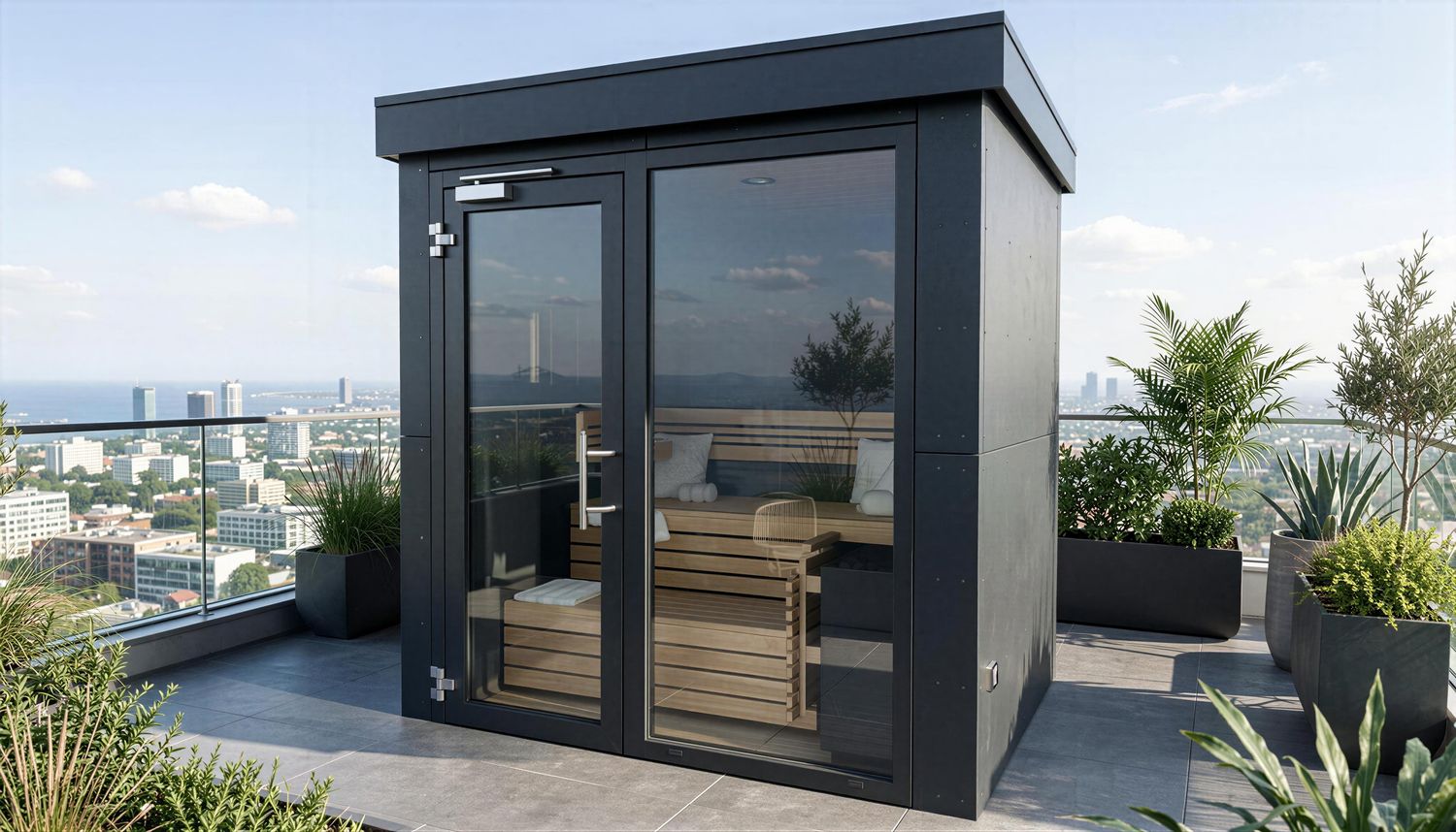 Moderne HPL-Einraumsauna auf einer exklusiven Dachterrasse mit eleganter Fassadenoptik, großer Glasfront und hochwertigem Sau