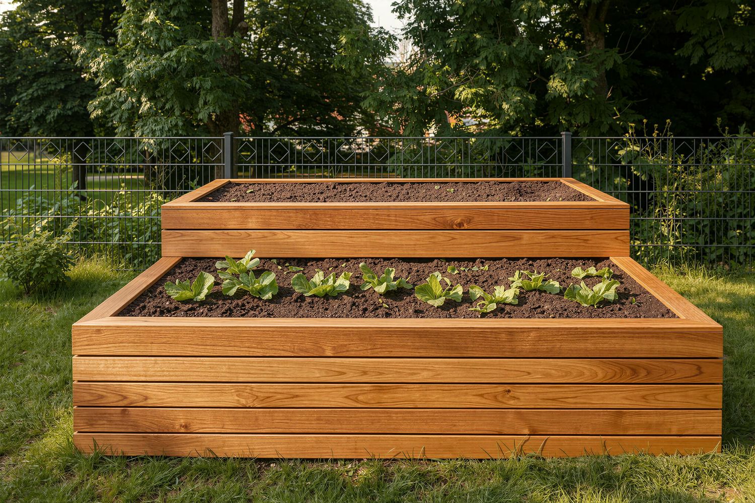 Stilvolles Hochbeet aus gestrichener Lärche mit waagerechter Rhombusoptik und eleganter Holzstruktur für hochwertige Gartenge