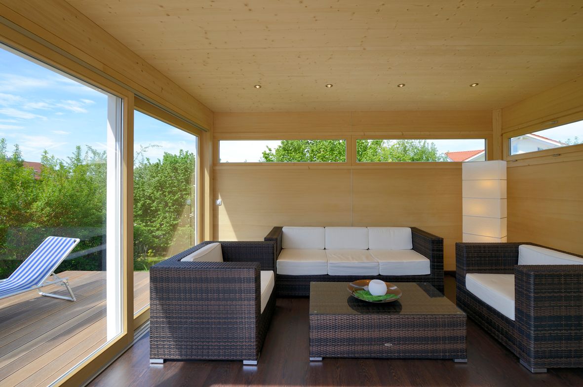 Lounge L: Design garden house with sliding doors, white, flat roof 450 x 340 cm, 40m³