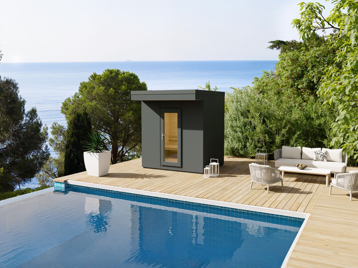 Kompakt, modern, bereit zur Auszeit – das vormontierte Heirloom Saunahaus 236×190 in Anthrazit vereint Design und Tiefenentspannung.