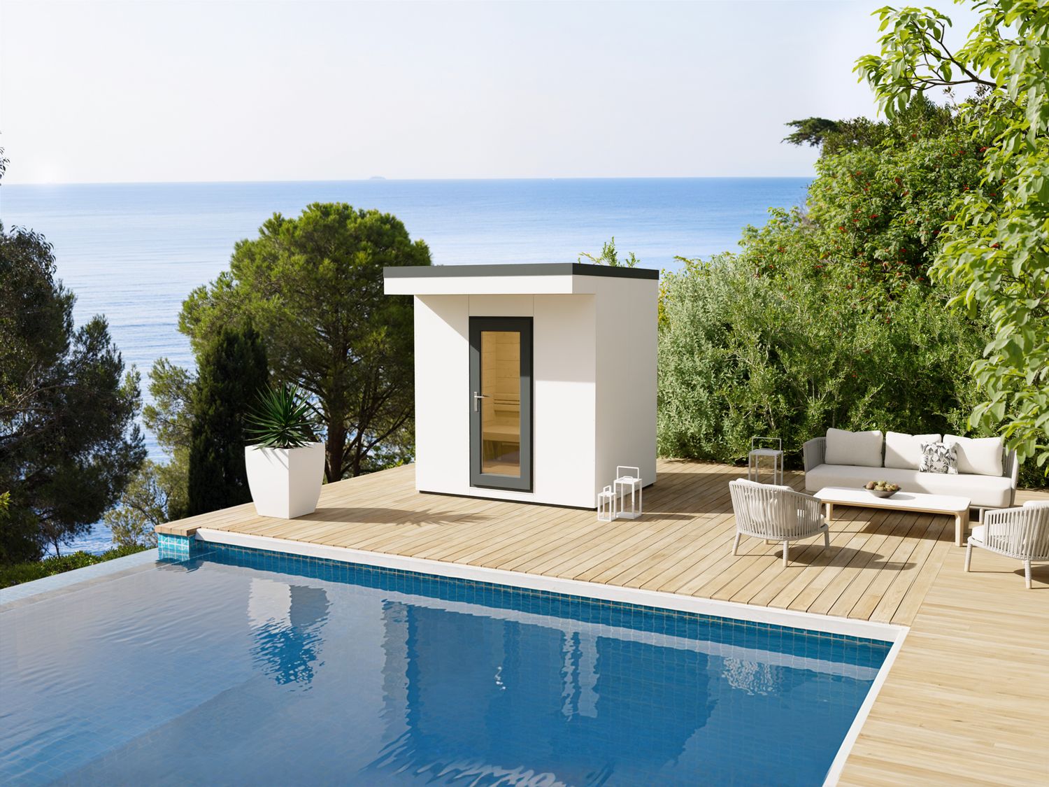 Vormontierte Wohlfühloase in edlem Weiß – das Heirloom Saunahaus 236×190 bringt stilvolle Entspannung direkt in Ihren Garten.