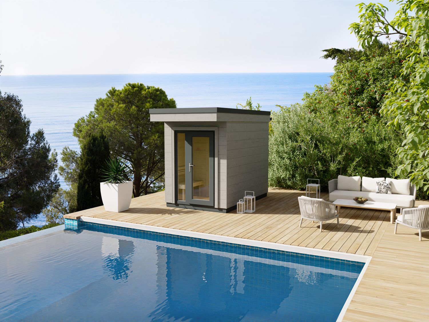 Kompakte Heirloom Sauna mit Vorraum 190×298 cm – Gartensauna mit Panoramascheibe und Holzbank im Vorraum.