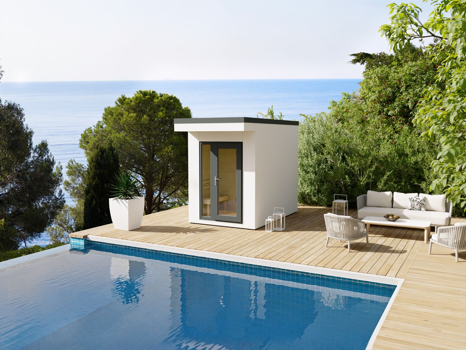 Hell, freundlich und mit klarer Linie – die Kompaktsauna 190×298 in Weiß verbindet Vorraum und Panoramasauna zu einem stilvollen Rückzugsort.