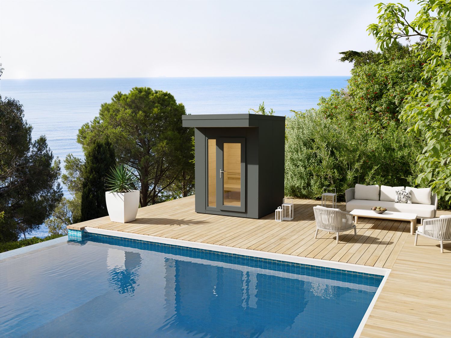 Puristische Ästhetik und tiefe Ruhe – die kompakte Heirloom-Sauna 190×190 in markantem Anthrazit verbindet Design mit Entspannung auf kleinstem Raum.