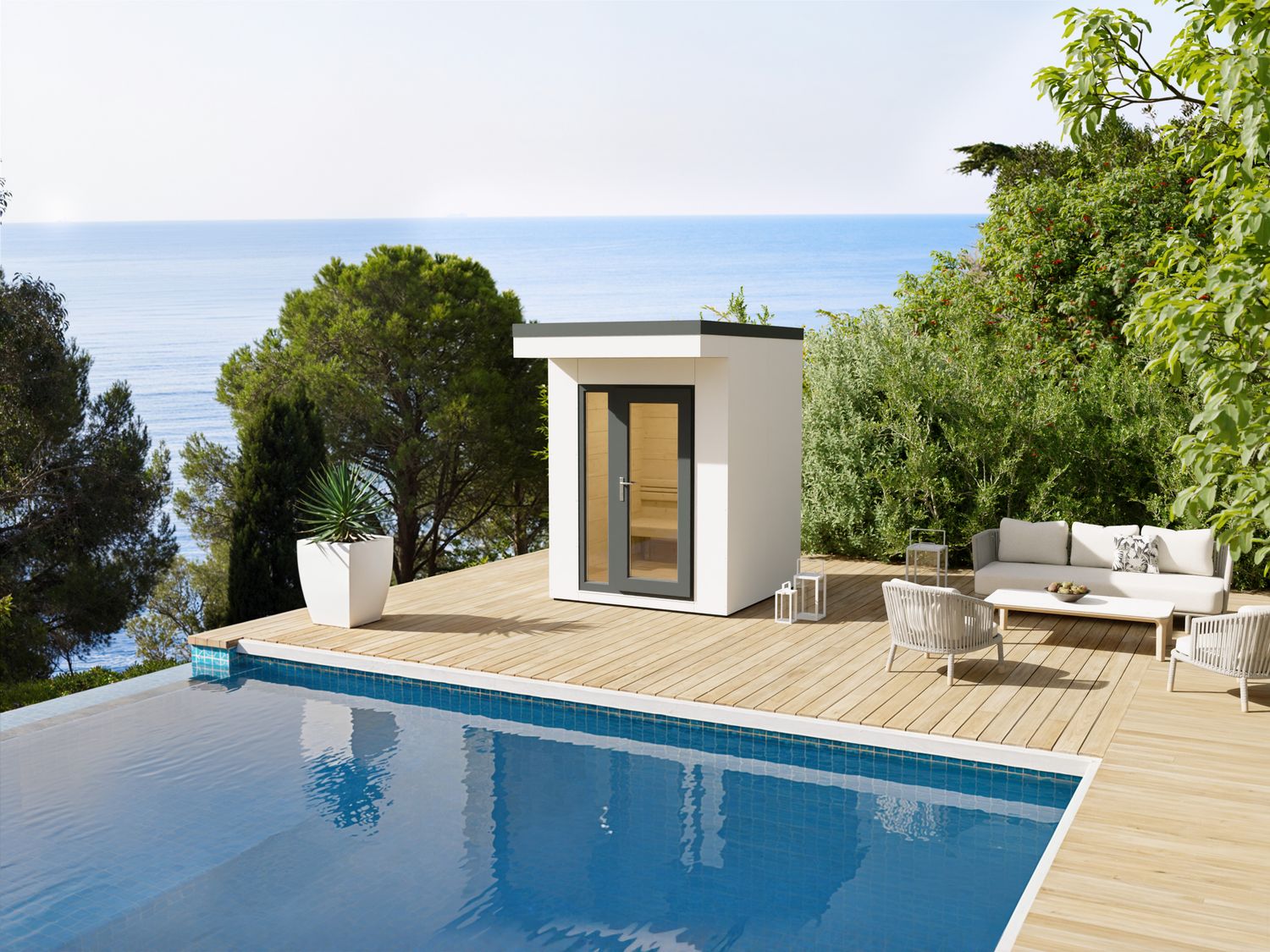 Lichtdurchfluteter Rückzugsort im kompakten Format – die Heirloom-Sauna 190×190 mit eleganter weißer HPL-Fassade lädt zu stillen Wellnessmomenten ein.